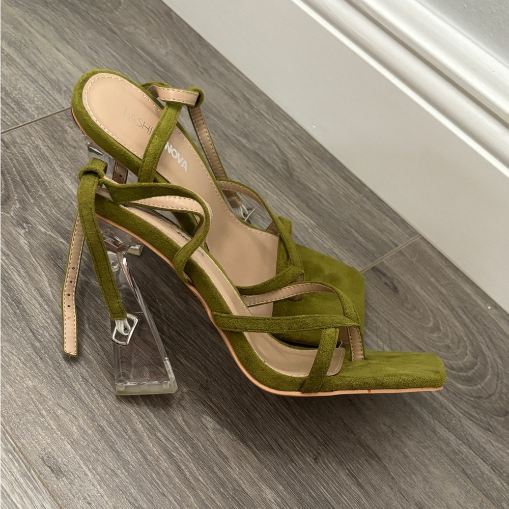 Fashion Nova Olive Green Strappy Heels | Square Toe Clear Heel Sandals - Picture 6 of 8